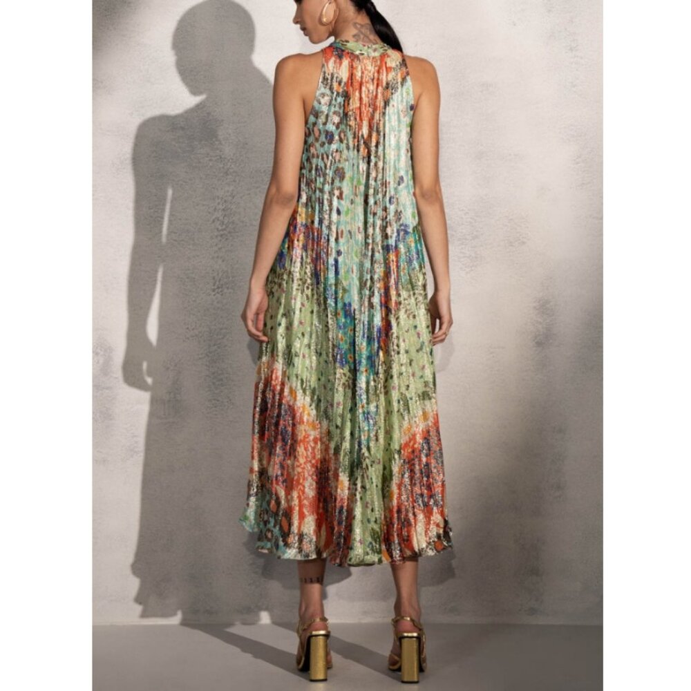 Ranna Gill Women's Orange Green Shimmer Sleeveless Zuri Midi Dress Size M - Picture 2 of 6
